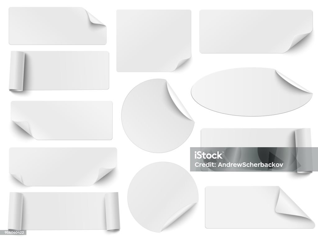 Set of white paper stickers of different shapes with curled corners isolated on white background. Round, oval, square, rectangular shapes. Vector illustration. Label stock vector