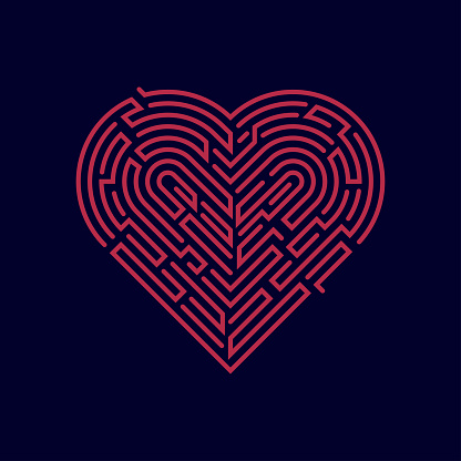vector of heart shape combined with maze pattern, concept of complex love