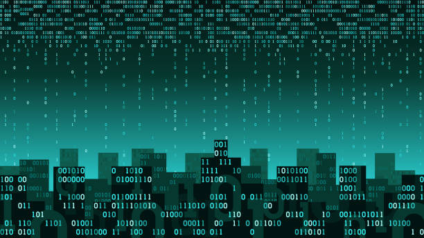 인공 지능 및 인터넷 것 들의 미래 네트워크 디지털 기술 개념, 빅 데이터, 이진 데이터 스트림, 클라우드 스토리지에 연결 하는 도시 추상 스마트 시티 - computer language binary code coding city stock illustrations