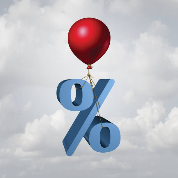 Rising Interest Rates Rising interest rates finance and inflation economic concept as a percentage icon lifted up by a flying balloon with 3D illustration elements. rising interest rate stock pictures, royalty-free photos & images