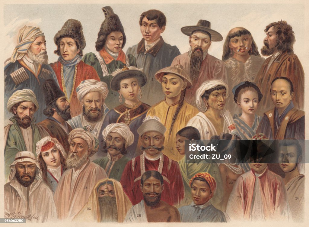 Asian Native People, lithograph, published in 1893 Asian Native People: 1) Circassian; 2) Tatar; 3) Yakut woman; 4) Yakut; 5) Korean; 6) Chukchi; 7) Ainu; 8) Japanese; 9) Japanese woman; 10) Malay woman; 11) Chinese; 12) Chinese woman; 13) Bukharan Jew; 14) Persian; 15) Kurd; 16) Arab; 17) Georgian woman; 18) Afghan; 19) Hindu; 20) Raja; 21) Hindu woman; 22) Stieng woman; 23) Siamese woman; 24) Javanese; 25) Afghan woman; 26) Sinhalese; 27) Sinhalese woman. Lithograph, published in 1893. Judaism stock illustration