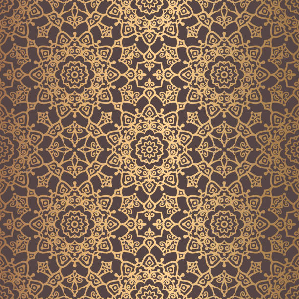 Golden Arabesque Pattern Vector arabesque pattern. Seamless flourish mandala background with golden floral elements. Intricate ornate lines. Arabic decorative design. Square tile. Symmetrical ornament. Oriental illustration. arabesque position stock illustrations