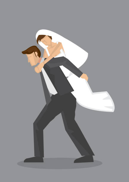 Bridegroom Piggyback Bride Vector Cartoon Character Illustration Cartoon vector illustration of bridegroom carrying bride on his background isolated on grey background. wedding dress back stock illustrations