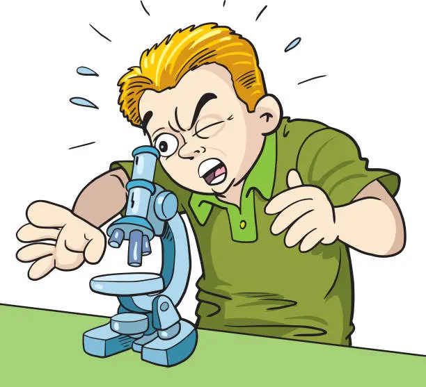 Vector illustration of the child looks at the microscope