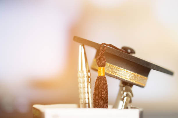 istock Graduate study abroad international school concept : Black graduation cap on silver pen in bottle. Education is knowledge and power for learning and success in your life, vintage tone 956066614