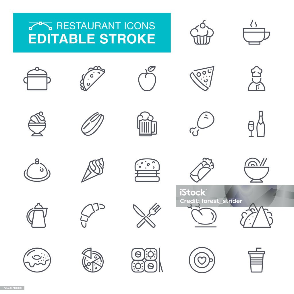 Restaurant Editable Stroke Icons Food, Eating, Burger, Take Out Food, Fast Food Editable Stroke Icon Set Food stock vector