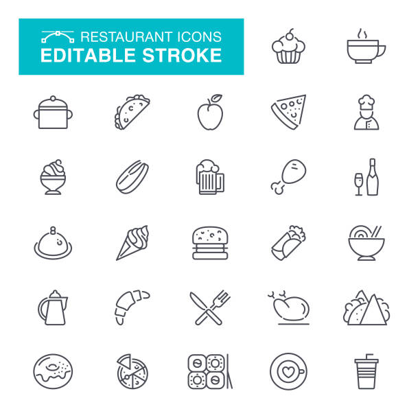 Restaurant Editable Stroke Icons Food, Eating, Burger, Take Out Food, Fast Food Editable Stroke Icon Set pepper cake stock illustrations