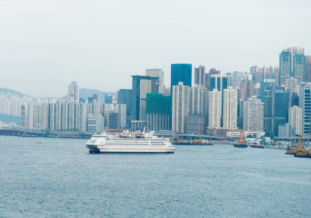 Aerial view of the cityscape of Hong Kong at Victoria Harbor, China.