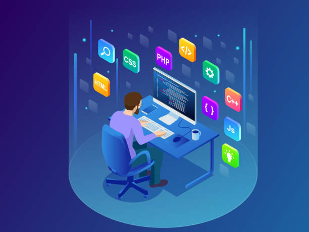 ilustrações de stock, clip art, desenhos animados e ícones de isometric developing programming and coding technologies. young programmer coding a new project using computer. man sitting on the big laptop and working. - programador
