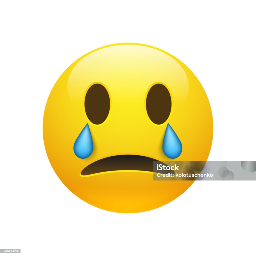 Vector yellow crying emoticon with opened eyes Vector yellow crying emoticon with opened eyes and mouth on white background. Glossy funny cartoon Emoji icon. 3D illustration for chat or message. Emoticon stock vector