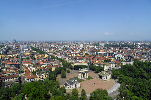 Panorama from Milan City with its thousands of houses and office buildings. The image was captured durin springtime.
