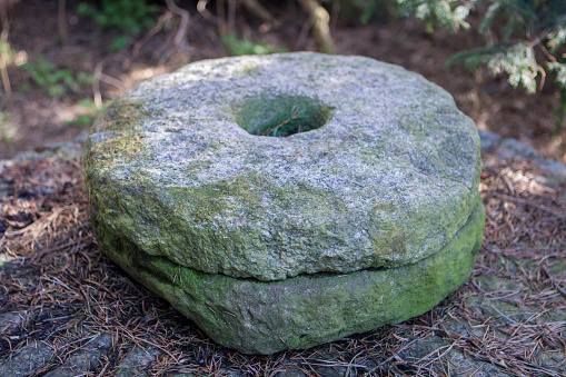 old stone hand-made millstones for grinding grain in a village in green moss in a pine forest as a symbol of antiquity and the past