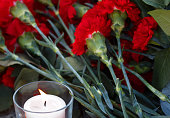 Red carnations and white candle. Remember of victims terror