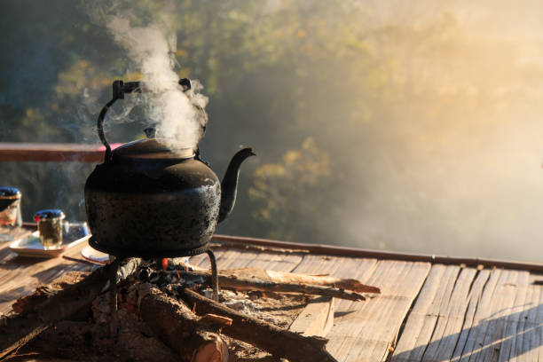 starożytny czajnik żelaza lub czajniczek w ogniu w podłodze domku, dym z czajnika. - kociołek herbaty zdjęcia i obrazy z banku zdjęć