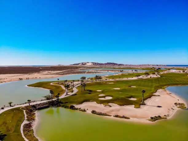 Drone aerial view of Laguna del Mar in Cholla Bay near Puerto Penasco, Mexico with the Sea Of Cortez in the background