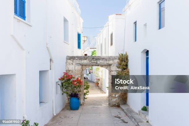 Alley Between Beautiful White And Blue Houses Stock Photo - Download Image Now - Republic Of Cyprus, Cyprus Island, Kyrenia