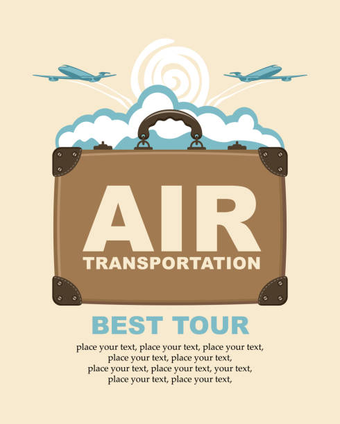 Vector banner with a travel suitcase and passenger planes against the backdrop of sun and clouds. Air transportation, best tour