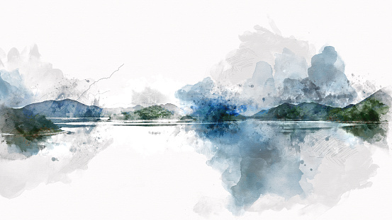 Abstract Mountain hill and river lake watercolor painting background.