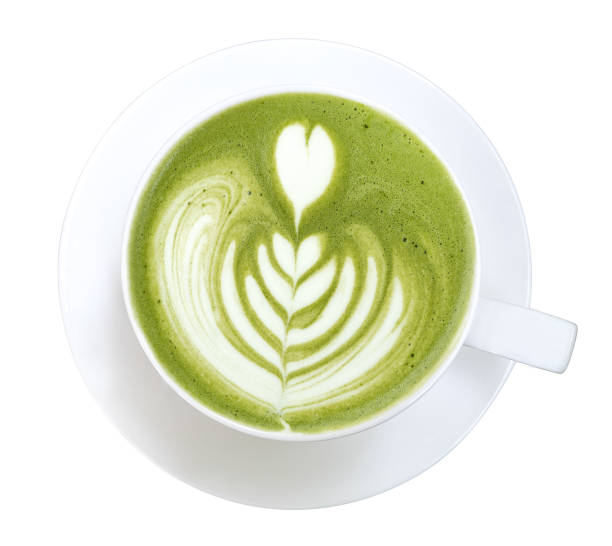 Top view of hot matcha green tea latte art foam isolated on white background, clipping path included Top view of hot matcha green tea latte art foam isolated on white background, clipping path included matcha tea photos stock pictures, royalty-free photos & images