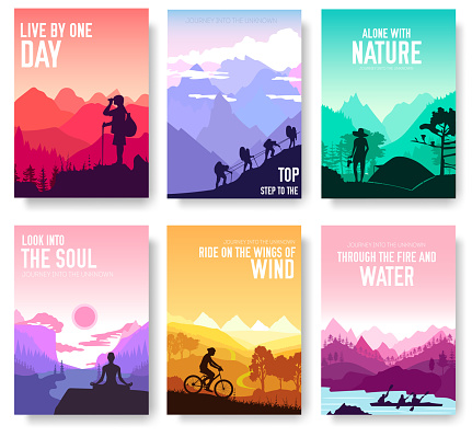 istock Sport rest day vector brochure cards set.  Tourism on nature template of flyer, magazines, poster, book cover, banners. Active lifestyle invitation concept background. Layout illustration modern page 956087506