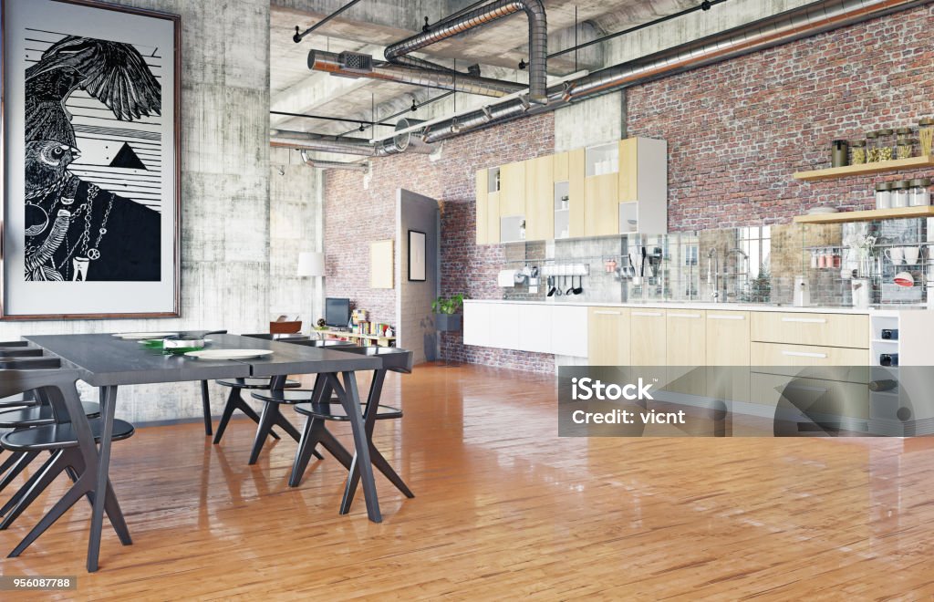 modern loft. modern loft. kitchen zone concept. 3D rendering concept Loft Apartment Stock Photo