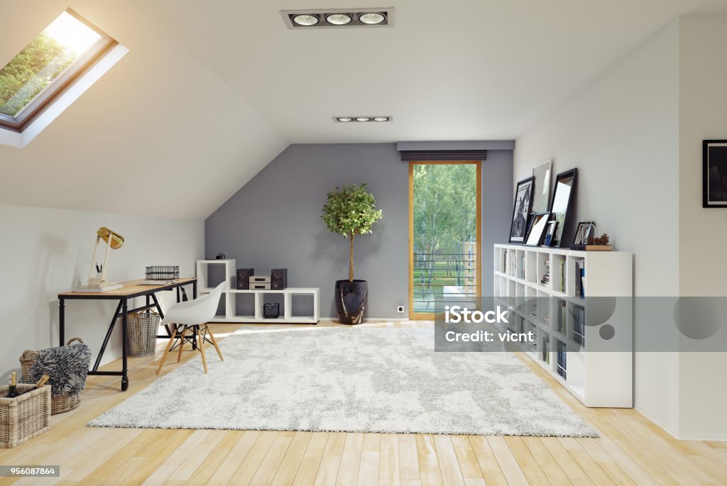 Modern Attic room interior. Modern Attic room interior. 3D rendering concept. Home Office Stock Photo
