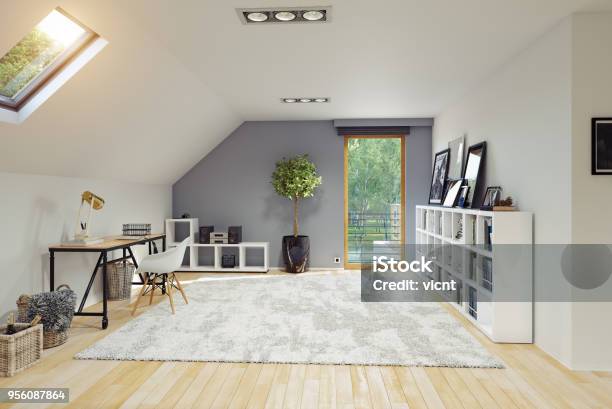 Modern Attic Room Interior Stock Photo - Download Image Now - Home Office, Attic, Skylight
