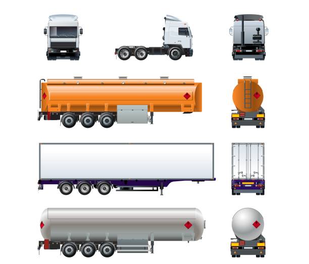 벡터 현실적인 세미 트럭 이랑 세트 흰색 절연 - truck fuel tanker chemical transportation stock illustrations