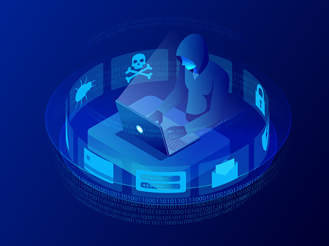 Isometric vector Internet hacker attack and personal data security concept. Computer security technology. E-mail spam viruses bank account hacking. Hacker working on a code. Internet crime concept