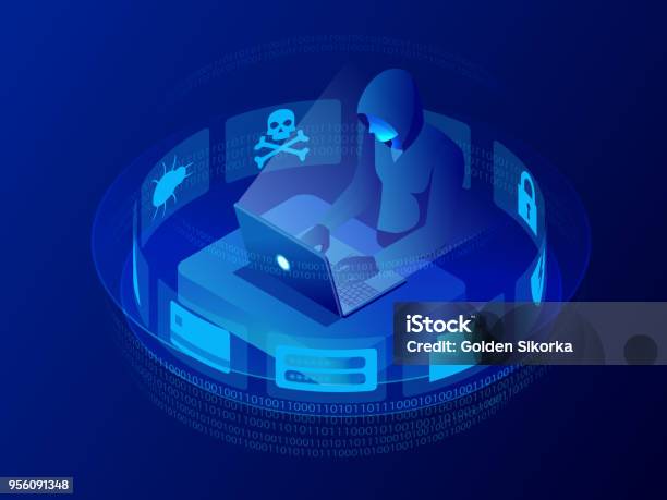 Isometric Vector Internet Hacker Attack And Personal Data Security Concept Computer Security Technology Email Spam Viruses Bank Account Hacking Hacker Working On A Code Internet Crime Concept Stock Illustration - Download Image Now