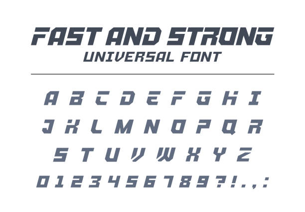 Fast and strong, high speed universal font. Sport, futuristic, technology, future alphabet. Fast, strong, high speed universal font. Sport, futuristic, technology, future alphabet. Letters, numbers for military industry, electric car racing logo design. Modern minimalistic vector typeface hard and fast stock illustrations
