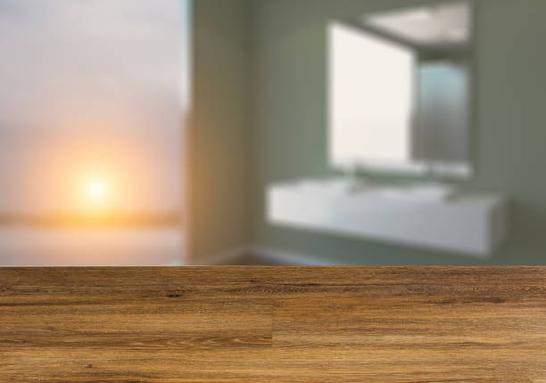 istock Background with empty wooden table. Flooring. Modern Blank  office Cabinet. Meeting room. Modern bathroom 956095550