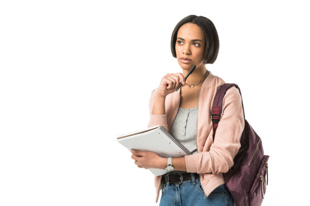 istock pensive female african american student with backpack and copybook,  isolated on white 956096492