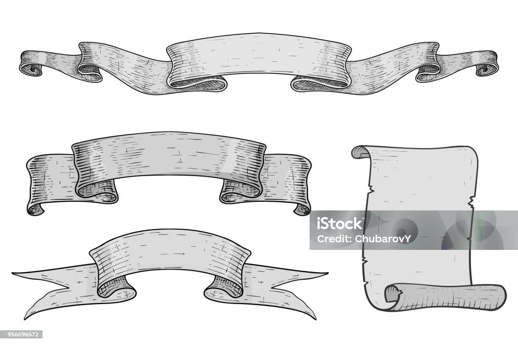 Gray ribbon banners. Set of scrolls. Hand drawn sketch Gray ribbon banners. Set of scrolls. Hand drawn sketch. Vector illustration isolated on white background Antique stock vector