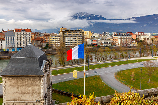 Aerial view of the city from the Bastille Hill. Grenoble. France.