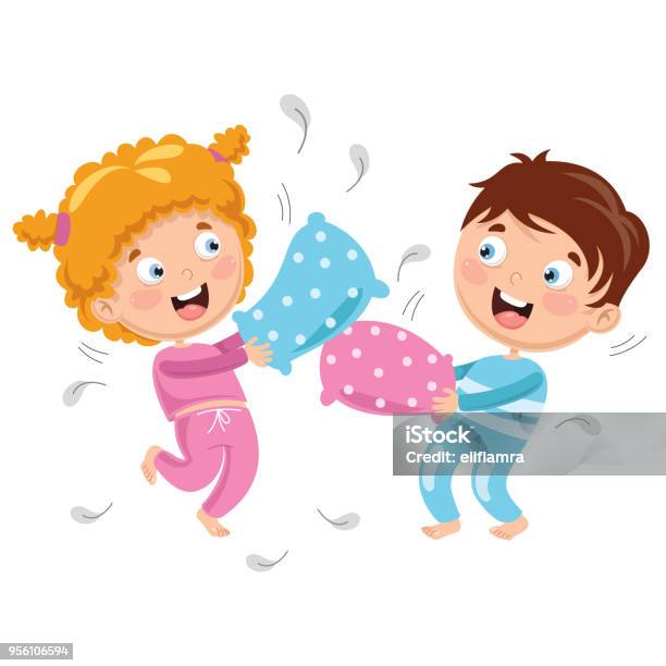 Vector Illustration Of Kids Playing Pillow Fight Stock Illustration - Download Image Now - Pajamas, Party - Social Event, Child