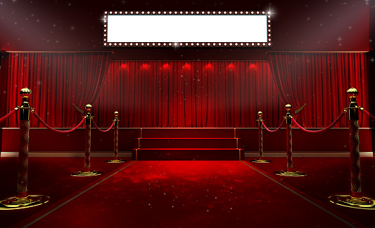 3d rendering of Background with a red curtain and a spotlight. Festival night show poster. Open red curtain. event premiere poster
