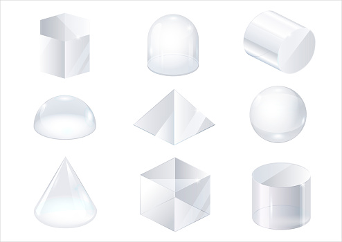 Set of glass forms of a pyramid, a hemisphere and a cube. Vector graphics with transparency effect
