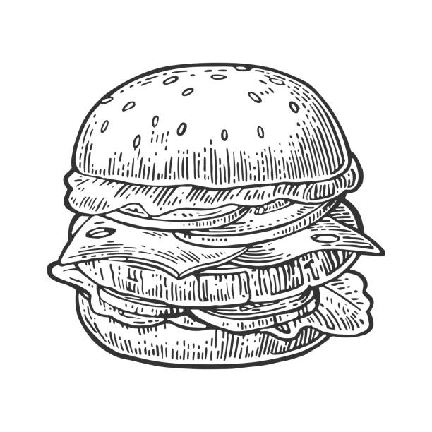 burger sind schnitzel, tomaten, käse, gurken und salat isoliert auf weißem hintergrund - menu fast food restaurant food beef stock-grafiken, -clipart, -cartoons und -symbole