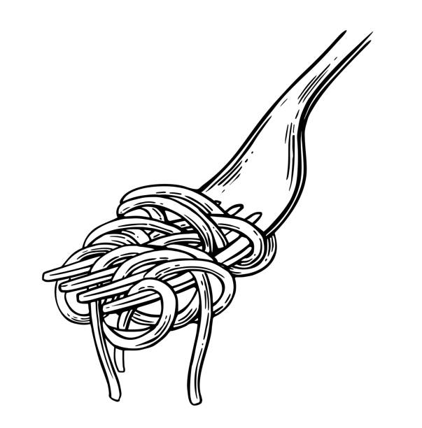 Spaghetti on fork. Vector vintage black illustration isolated on white background. Spaghetti on fork. Vector vintage black illustration isolated on white background. spaghetti stock illustrations