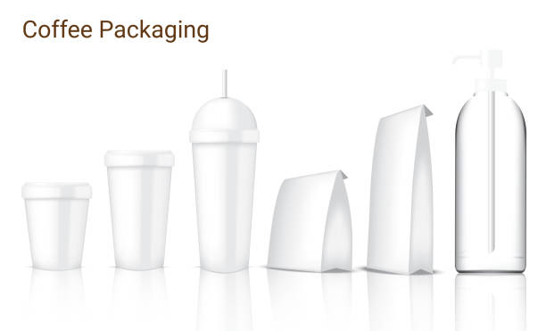 istock Mock up Realistic Coffee Packaging With Glass, Cup, Bag and Bottle Set on White Background Illustration 956129588