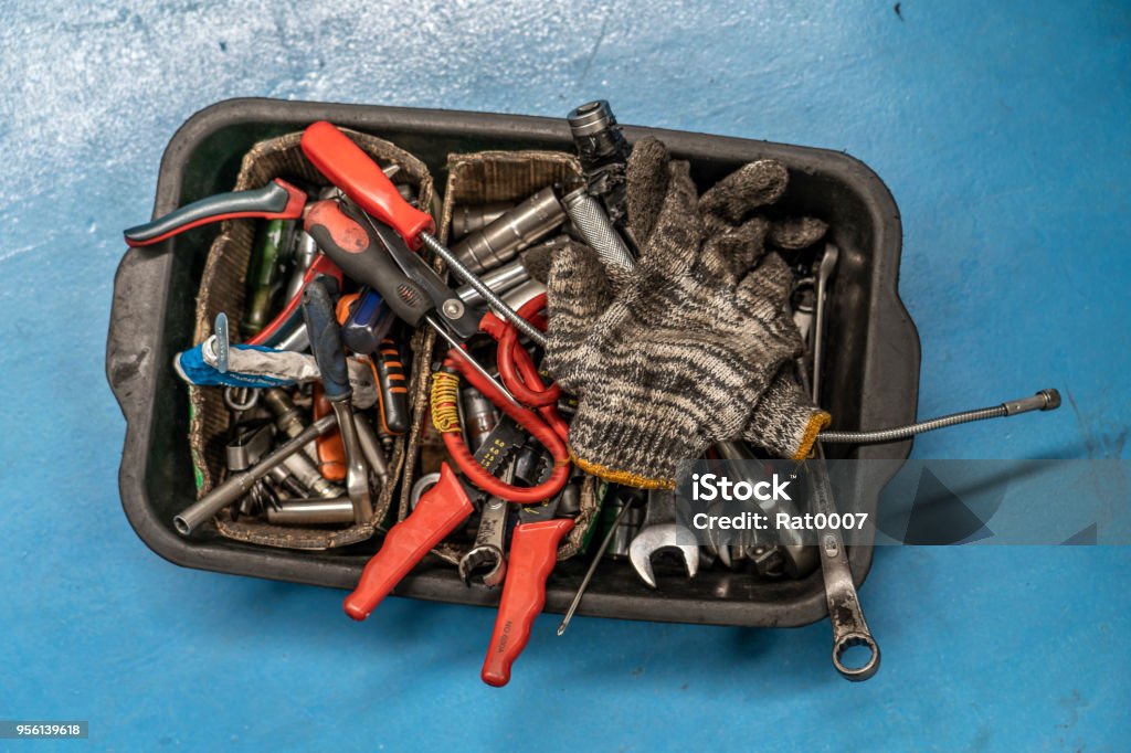 Tool Box Of Hand Tools With Old And Dirty Rusty Wrenches Ring