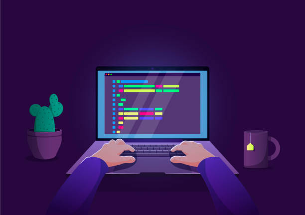 Man programmer working on computer with code on screen illustration Programmer working writing code. Man programmer working on computer flowchart symbols programming stock illustrations