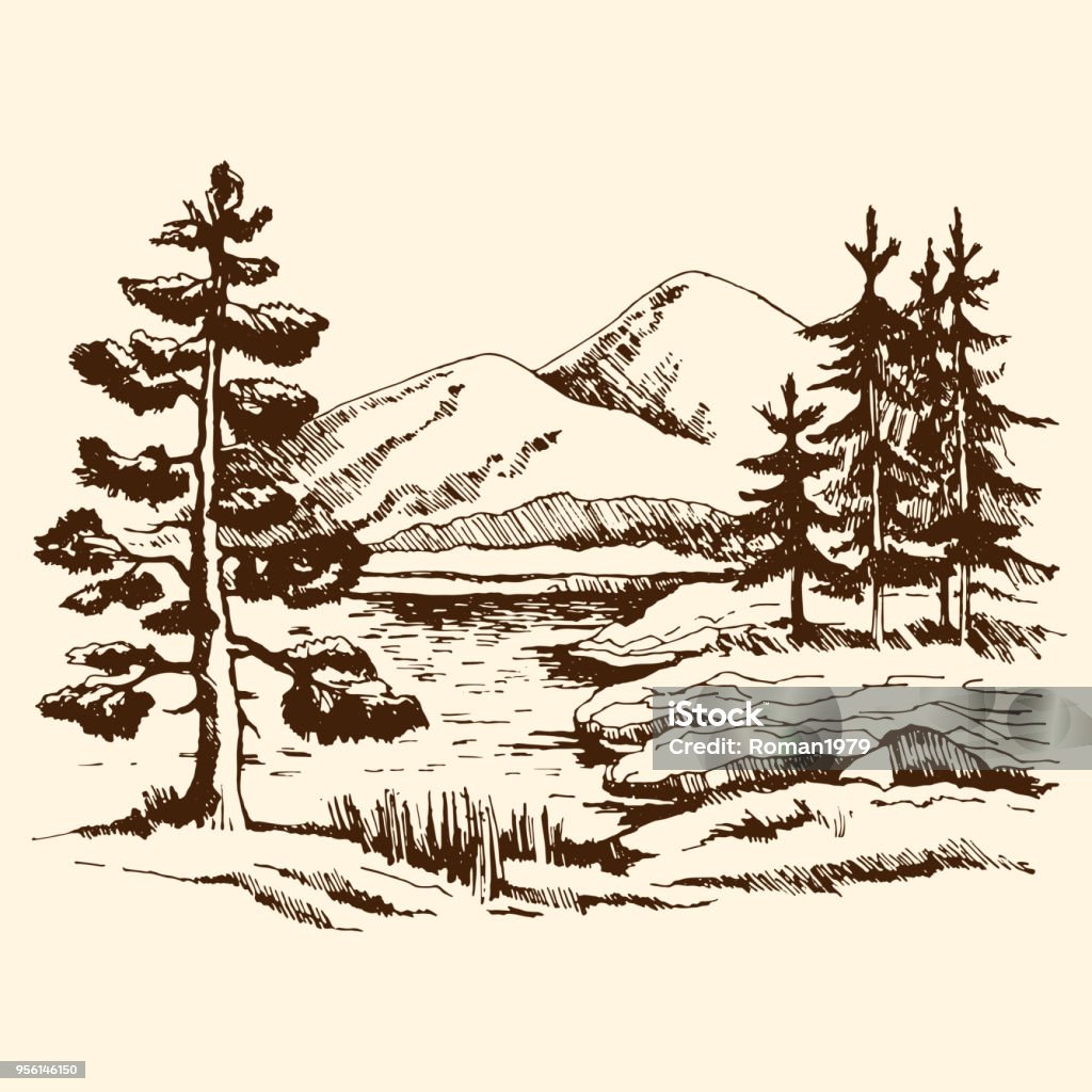 Landscape sketch Canada Hand drawn landscape vector sketch. Pine near the lake in the foreground. at the back of the fir trees against the background of the mountains. Mountain stock vector