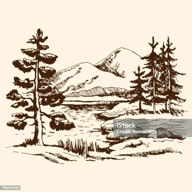 Landscape Sketch Canada Stock Illustration - Download Image Now - Mountain, Lake, Landscape - Scenery