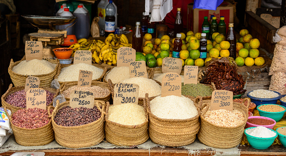 A variety of herbs and spices on display at the market in Marrakesh, Morocco.