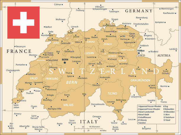 ilustrações de stock, clip art, desenhos animados e ícones de 22 - switzerland - vintage golden dark 10 - map switzerland swiss culture zurich