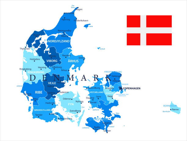 04 - Denmark - Blue Spot Isolated 10 Map of Denmark - Vector illustration aalborg stock illustrations