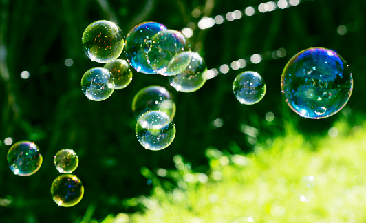 Several bubbles made from soap sud fly across a field of green grass. The sun shines on the bubbles and they make powerful reflections of the sun.