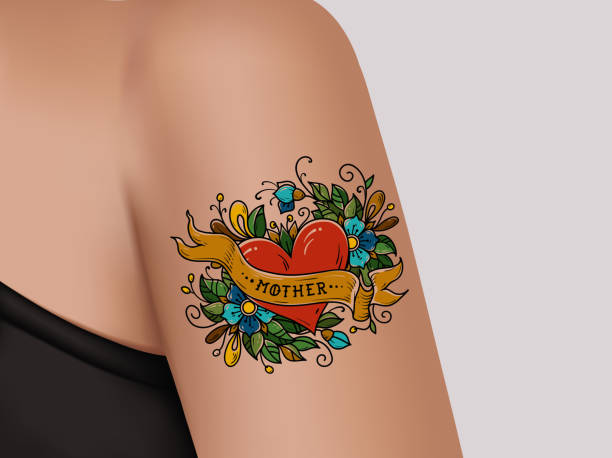 ilustrações, clipart, desenhos animados e ícones de decorativa tatuagem no braço feminino. coração com flores e fita. tatuagem de mãe. ilustração realista para o salão de tatuagem - body adornment